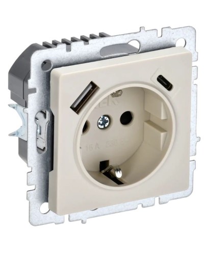 Розетка с з/к с USB A+C 18Вт РЮш11-1-БрКр бежевый BRITE (BR-R14-16-U22-018-K10). Розетка с заземлением с защитными шторками, 18Вт. IEK в Альметьевске